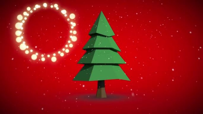 红色背景上有复制空间和圣诞树的仙女灯框架动画