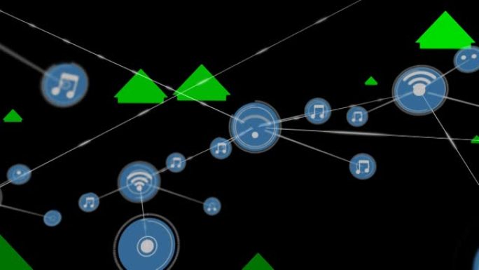 黑色背景上箭头上带有notes图标的连接网络动画