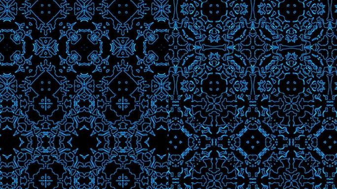 抽象蓝色几何无缝图案背景。抽象条纹万花筒环。快速迷幻彩色万花筒VJ背景。迪斯科抽象运动背景。万花筒效