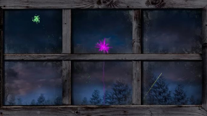 夜空树木上彩色圣诞节和新年烟花的窗户动画