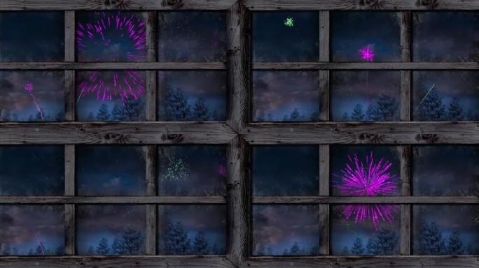 夜空树木上彩色圣诞节和新年烟花的窗户动画