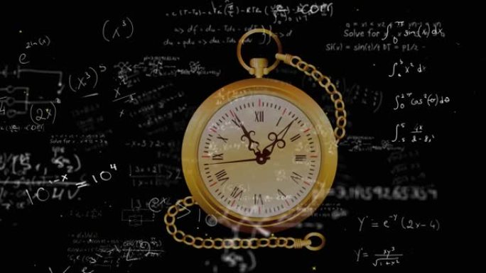 黑色背景上的老式时钟在数学方程式上的动画