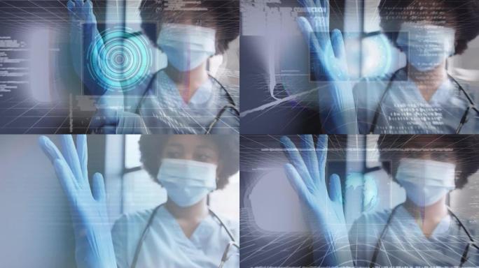 戴上手术手套的女医生的扫描仪和数据处理动画