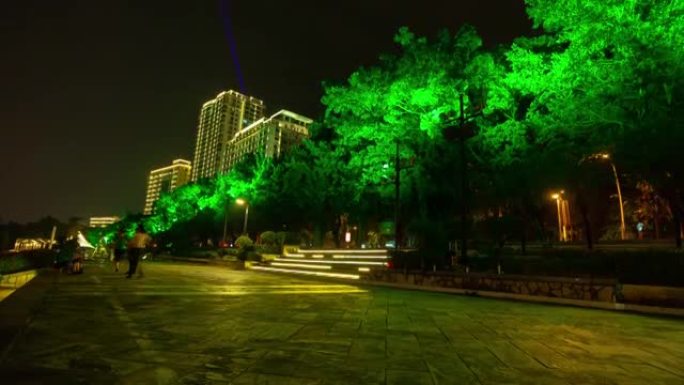 夜间照明三亚市河流步行湾全景4k延时中国海南岛