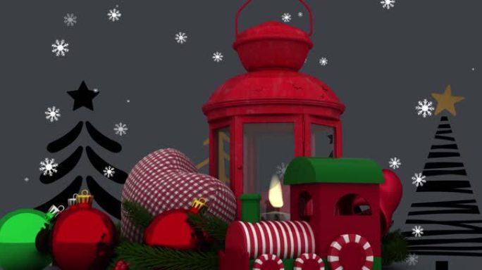 圣诞装饰品的动画，小玩意和灯笼落在黑色背景上的雪上