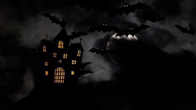 乌云背景下满月可怕的城堡轮廓和蝙蝠。黑暗阴沉的房子，黑天的万圣节满月有蝙蝠