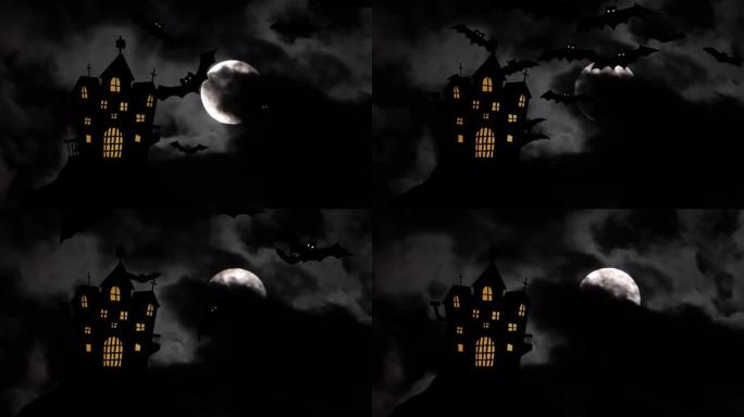 乌云背景下满月可怕的城堡轮廓和蝙蝠。黑暗阴沉的房子，黑天的万圣节满月有蝙蝠