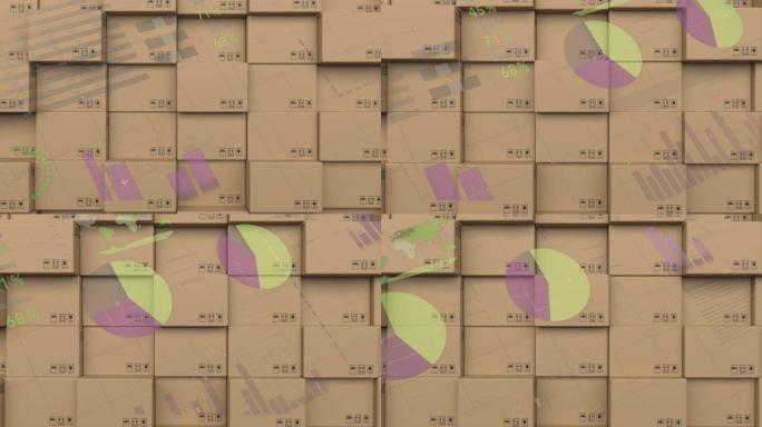 背景纸板箱堆叠上的统计处理动画