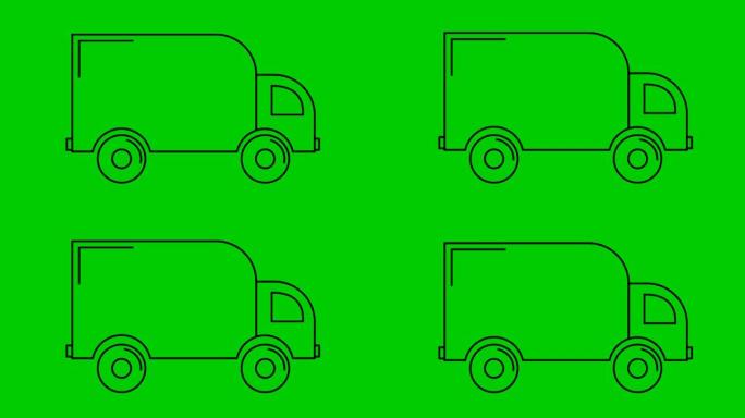 送货汽车的动画图标。黑色线性卡车游乐设施。交付、移动、物流、卡车运输、运输的概念。循环视频。矢量插图