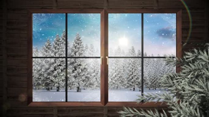 木制窗框和树枝抵御积雪落在冬季景观上的多棵树上