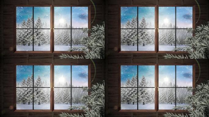 木制窗框和树枝抵御积雪落在冬季景观上的多棵树上