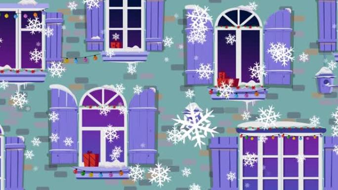 圣诞节装饰的房子上飘着雪的动画
