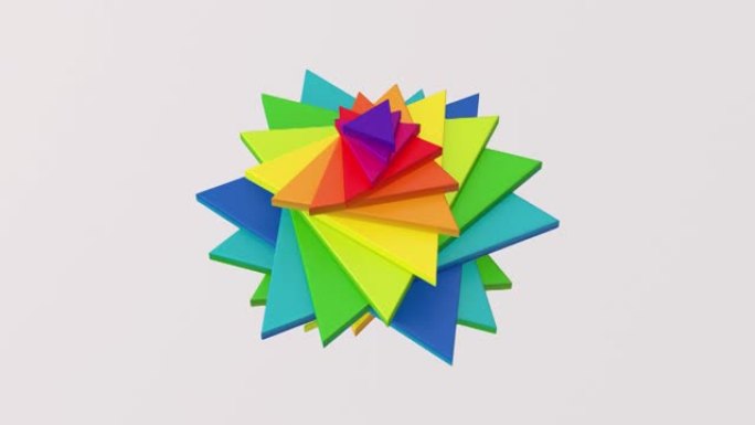 一组彩虹三角形旋转。抽象动画，3d渲染。