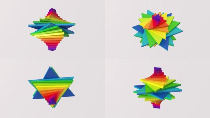 一组彩虹三角形旋转。抽象动画，3d渲染。