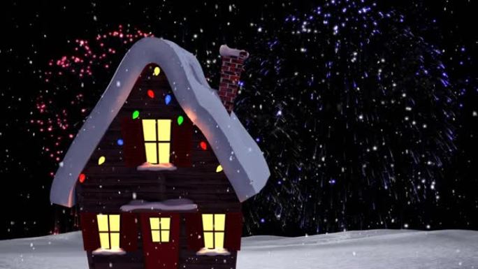 烟花和雪落在圣诞节装饰的房子上的动画