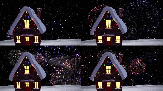 烟花和雪落在圣诞节装饰的房子上的动画