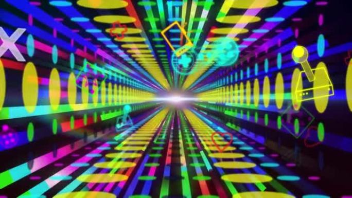 彩色发光灯光隧道上彩色游戏和媒体图标的动画