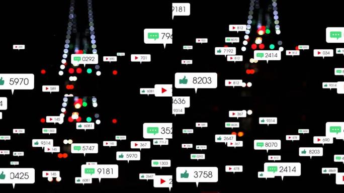 社交媒体图标和数字的动画在焦点城市和汽车灯外