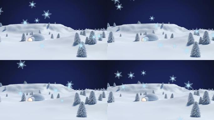 圣诞节的动画雪花落在白雪覆盖的风景中发光的冰屋上