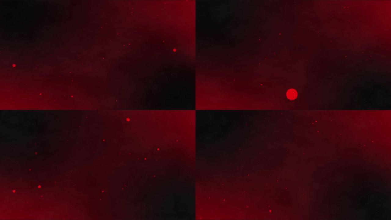 在深红色背景上移动的发光红色粒子的动画