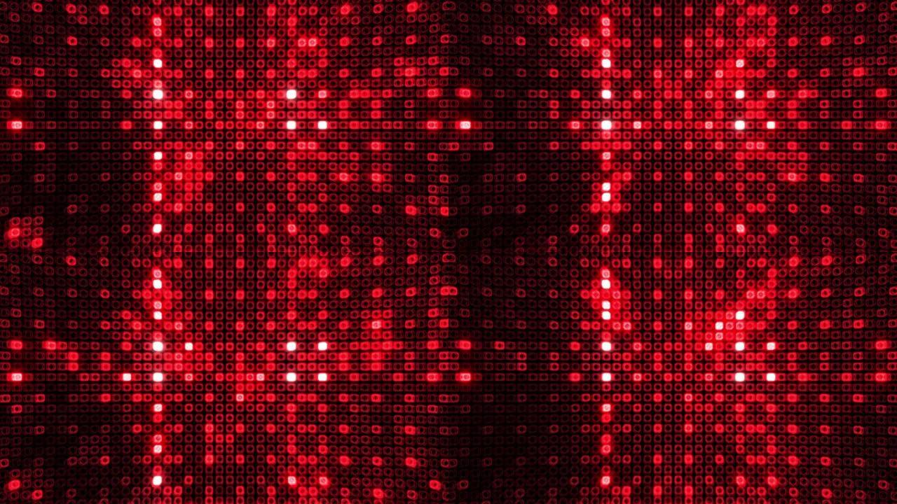 4K 3d渲染抽象数字技术红色网格线扭曲马赛克图案环运动闪烁小闪烁闪亮方形闪烁电线。高科技未来背景