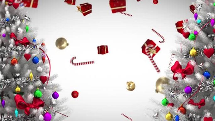 两棵白色圣诞树和多个圣诞节概念图标落在白色背景下