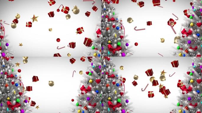 两棵白色圣诞树和多个圣诞节概念图标落在白色背景下