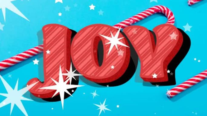 圣诞节时，星星掉落和蓝色背景上的糖果手杖上的欢乐文字动画