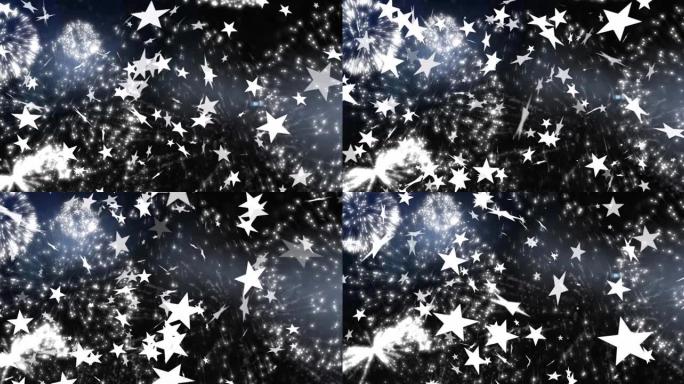 黑色背景上的圣诞节和新年烟花中的白色星星动画