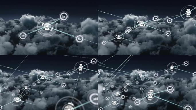 天空上带有图标的连接网络动画