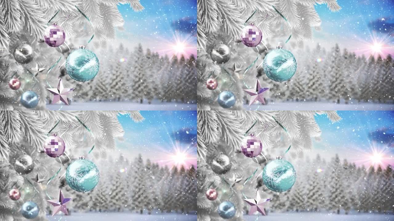 带有圣诞节装饰的杉木树枝的动画在下雪的冬季风景中