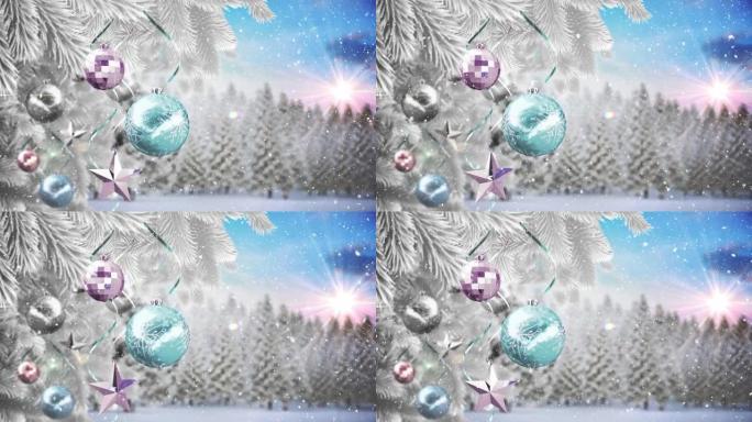带有圣诞节装饰的杉木树枝的动画在下雪的冬季风景中