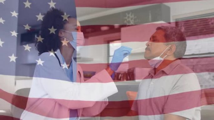 美国国旗动画与女性医生在面罩拭子测试男性患者的covid