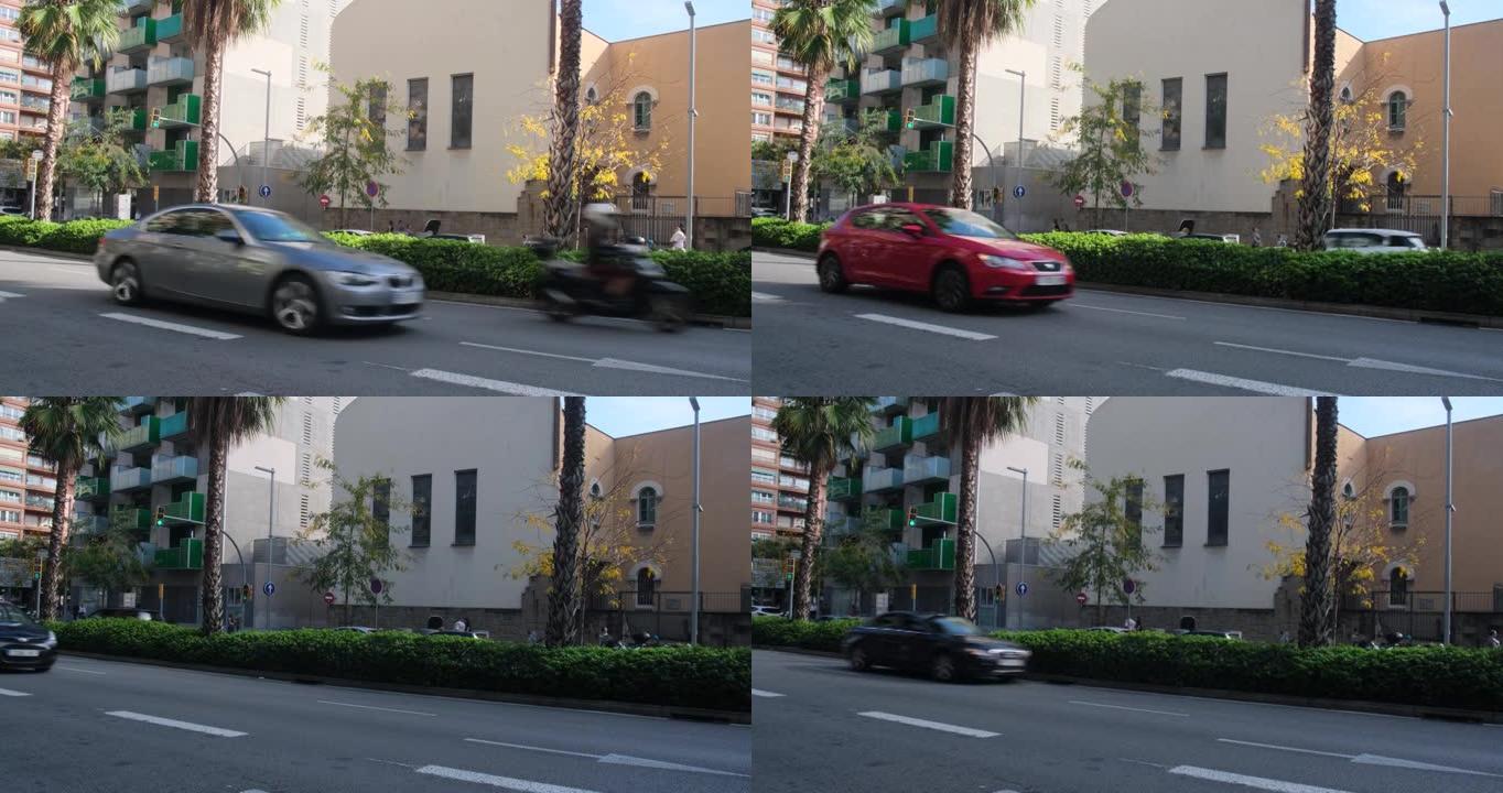 城市交通。有汽车的道路，背景是棕榈树，晴天