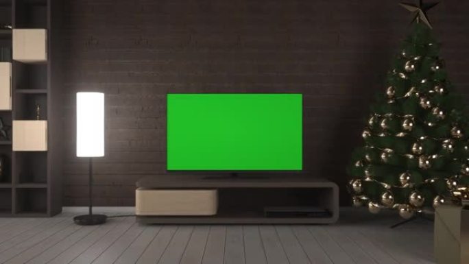 带电视的圣诞客厅。绿色背景空白的电视屏幕