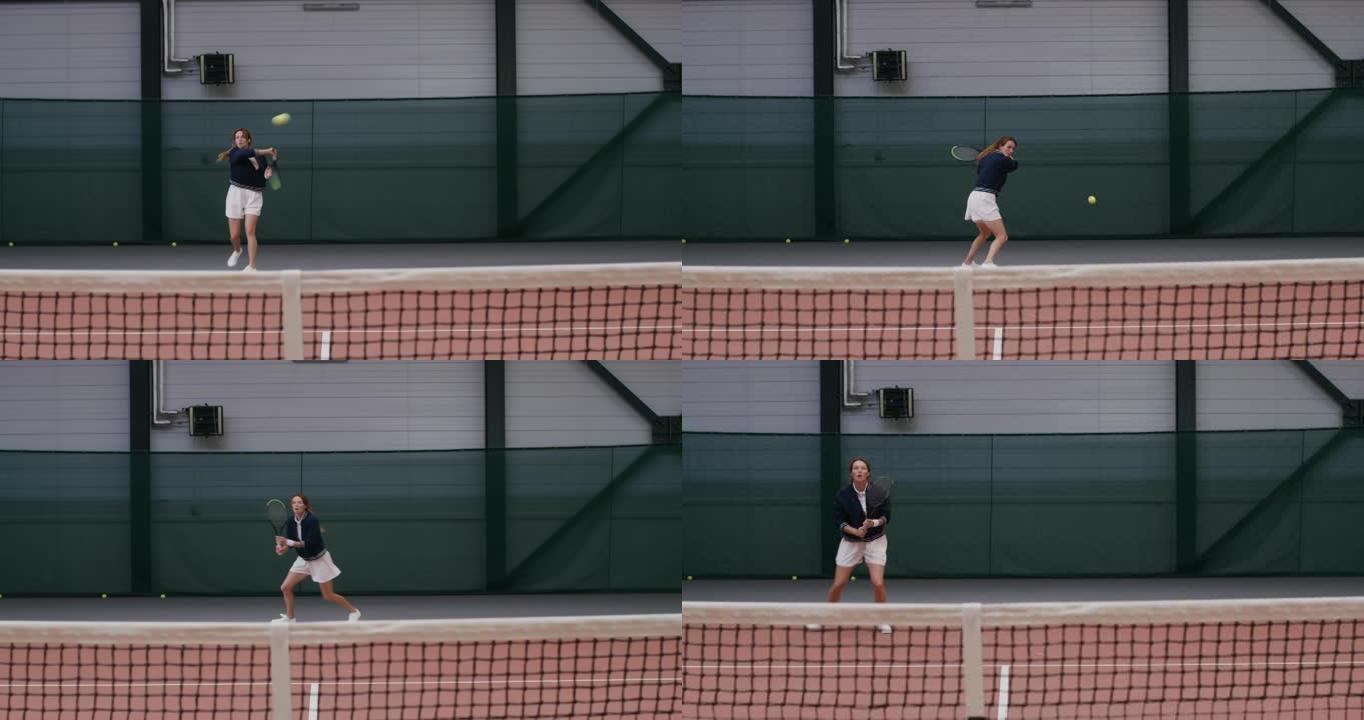 一名女运动员打网球，用球拍巧妙地一拳又一拳。