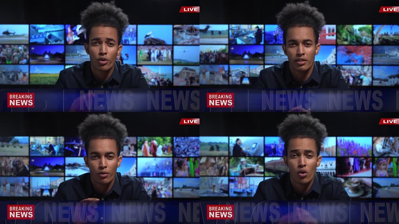 4k视频: 非洲男性新闻播音员在电视演播室阅读突发新闻
