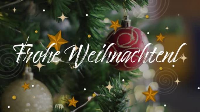 圣诞节季节的动画在圣诞树上的小玩意装饰上的德语问候