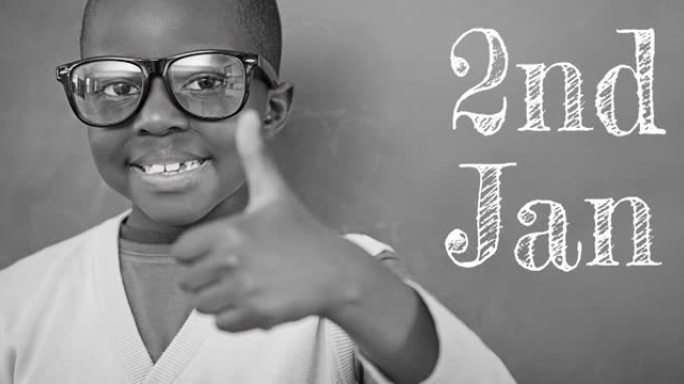 灰色背景上快乐的非洲裔美国男生的1月2日文本动画