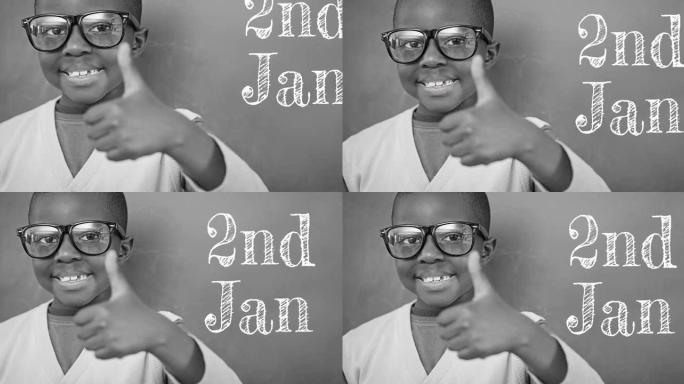 灰色背景上快乐的非洲裔美国男生的1月2日文本动画