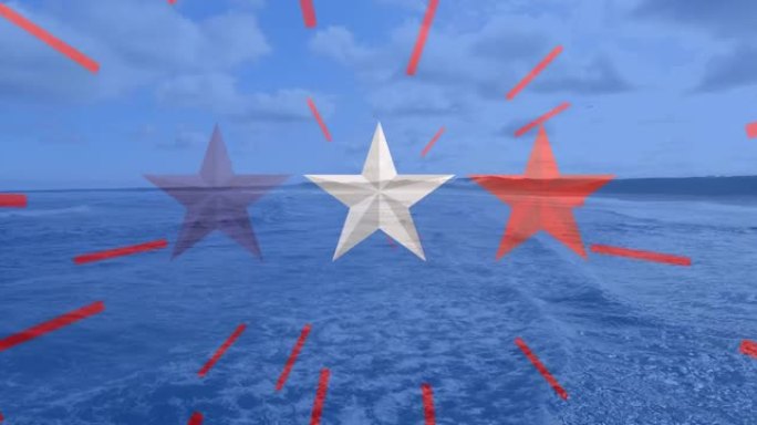动画的红，白，蓝条纹和星星，美国国旗元素在海洋和蓝天
