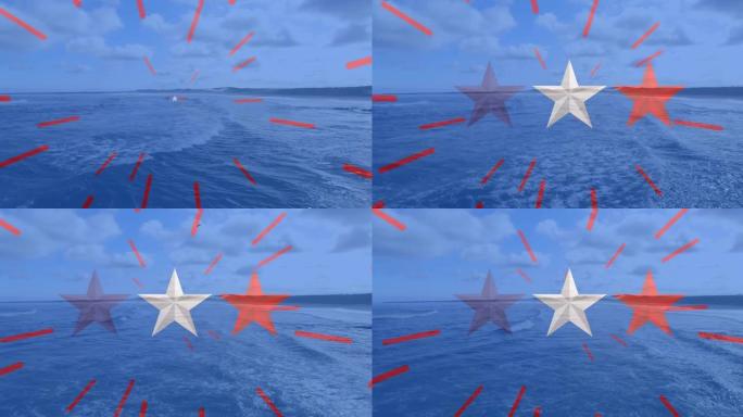 动画的红，白，蓝条纹和星星，美国国旗元素在海洋和蓝天
