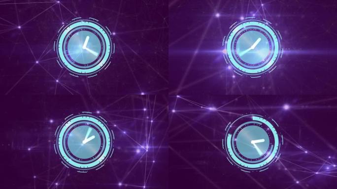 时钟在带有发光点的连接网络上快速移动的动画