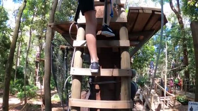 在澳大利亚热带雨林的滑索冒险公园，一个男孩爬上梯子到木制平台。