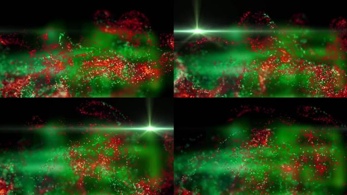 黑色背景上绿光和红色粒子移动的动画