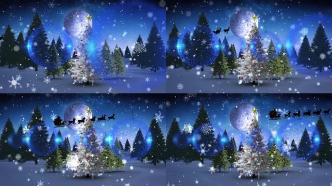 蓝色的摆设装饰悬挂在冬天风景上落在圣诞树上的雪上