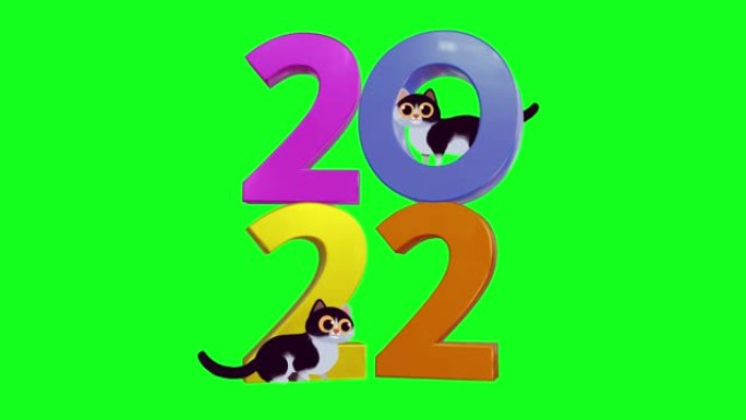 2022新年快乐猫概念。隔离在绿色屏幕背景上。