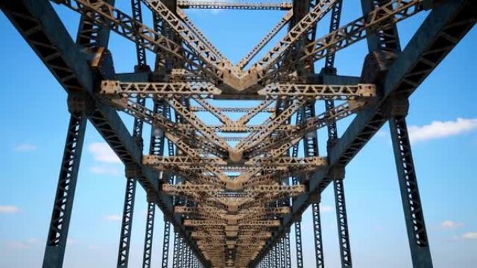 当摄像机从正下方经过时，抬头看着古老而生锈的钢结构桁架和梁桥