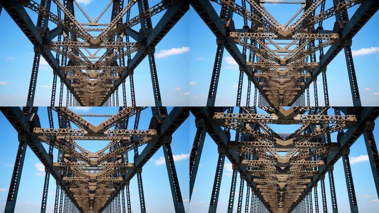当摄像机从正下方经过时，抬头看着古老而生锈的钢结构桁架和梁桥
