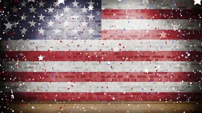 红、白、蓝五彩纸屑落在美国国旗上的动画